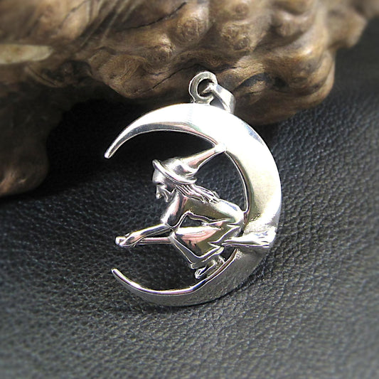 Solid 925 Sterling Silver Witch Flying on Crescent Moon Pendant – Handcrafted Wiccan Jewelry – Witchy Gift Idea – Pagan Crescent Moon Charm