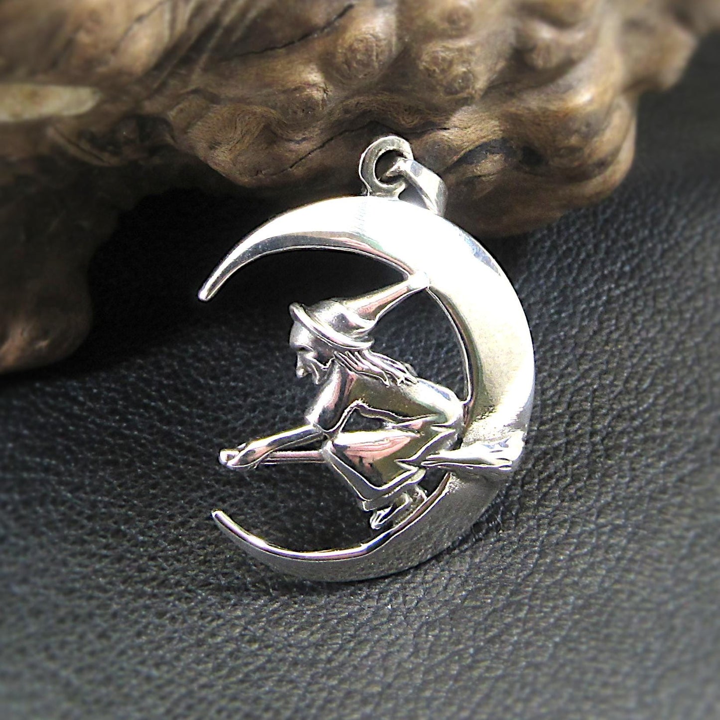 Solid 925 Sterling Silver Witch Flying on Crescent Moon Pendant – Handcrafted Wiccan Jewelry – Witchy Gift Idea – Pagan Crescent Moon Charm
