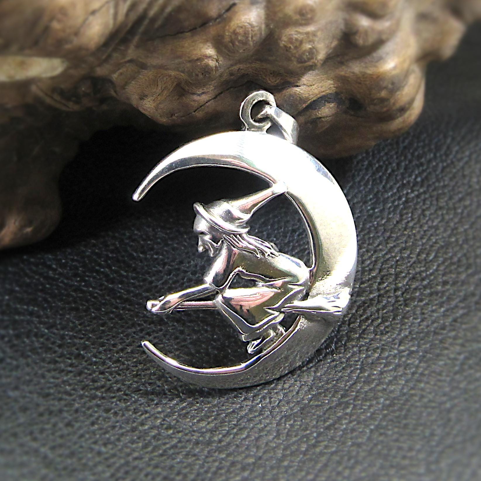 Solid 925 Sterling Silver Witch Flying on Crescent Moon Pendant – Handcrafted Wiccan Jewelry – Witchy Gift Idea – Pagan Crescent Moon Charm