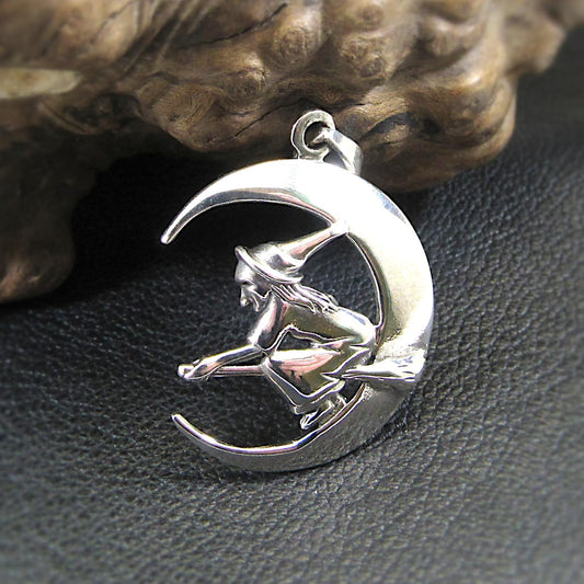 Solid 925 Sterling Silver Witch Flying on Crescent Moon Pendant – Handcrafted Wiccan Jewelry – Witchy Gift Idea – Pagan Crescent Moon Charm