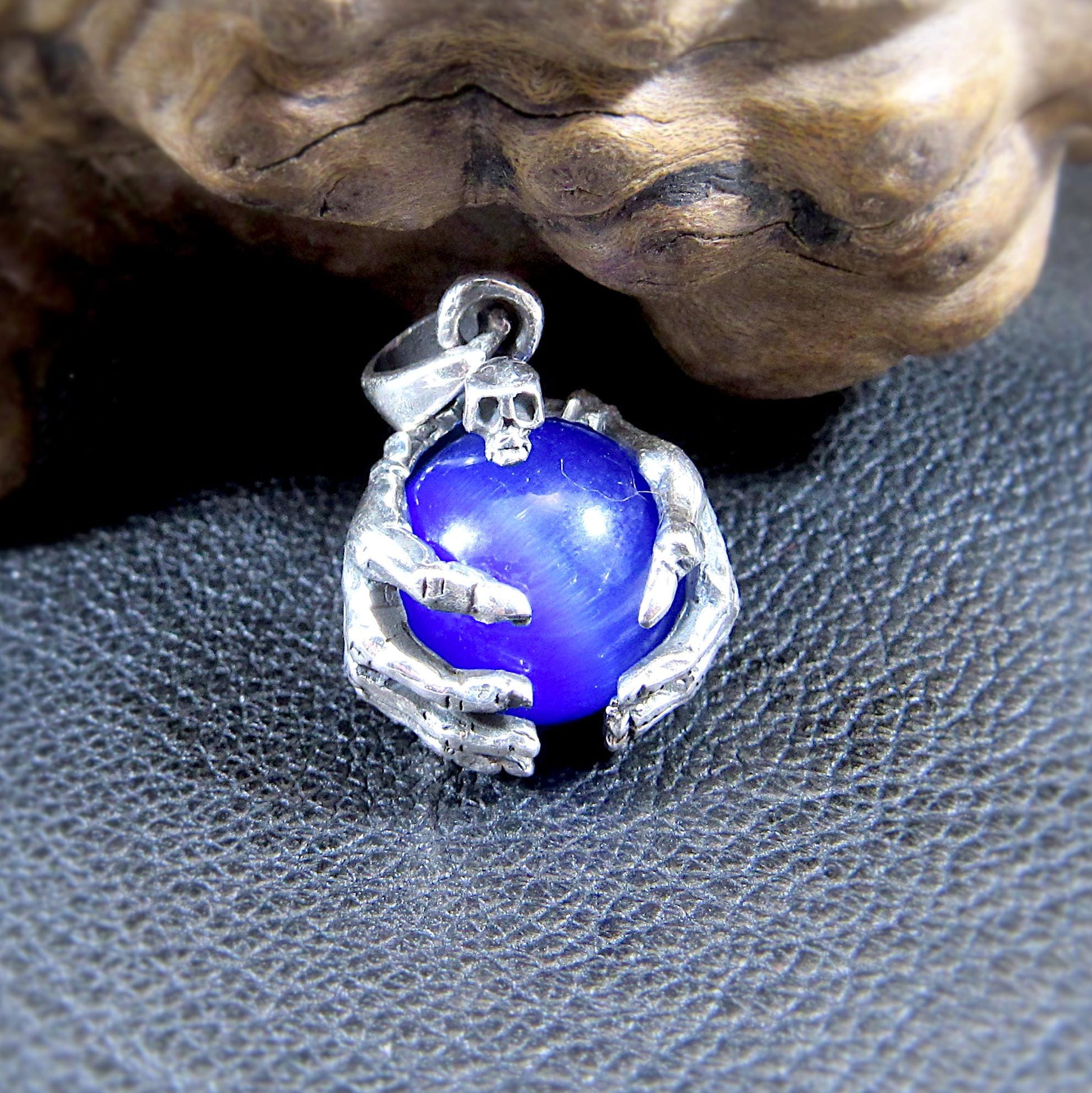Solid 925 Sterling Silver Skull And Skeleton Hands Pendant, Blue Cat's Eye Quartz Gemstone Sphere, Necklace Pendant, Gothic Jewelry for Men