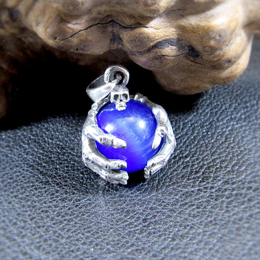 Solid 925 Sterling Silver Skull And Skeleton Hands Pendant, Blue Cat's Eye Quartz Gemstone Sphere, Necklace Pendant, Gothic Jewelry for Men