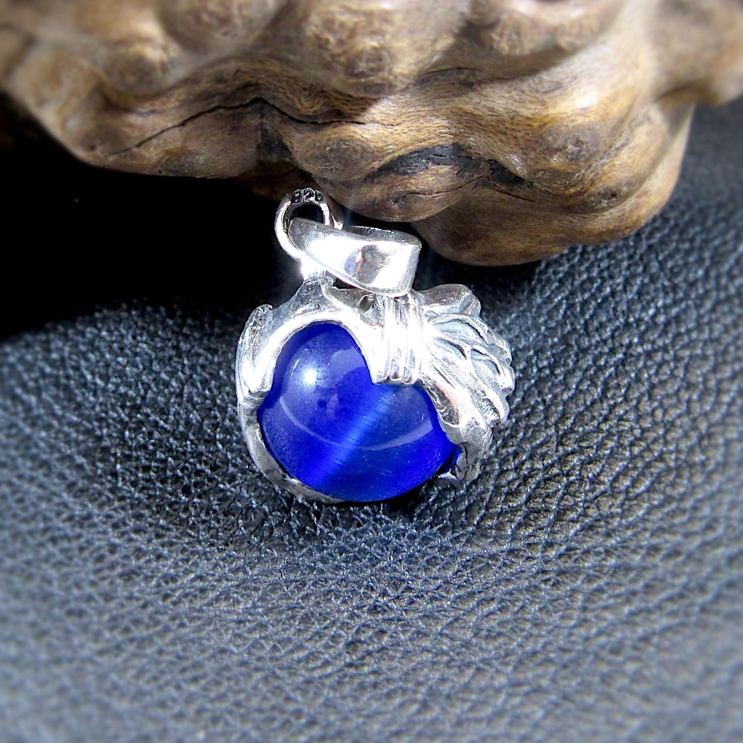 Solid 925 Sterling Silver Skull And Skeleton Hands Pendant, Blue Cat's Eye Quartz Gemstone Sphere, Necklace Pendant, Gothic Jewelry for Men