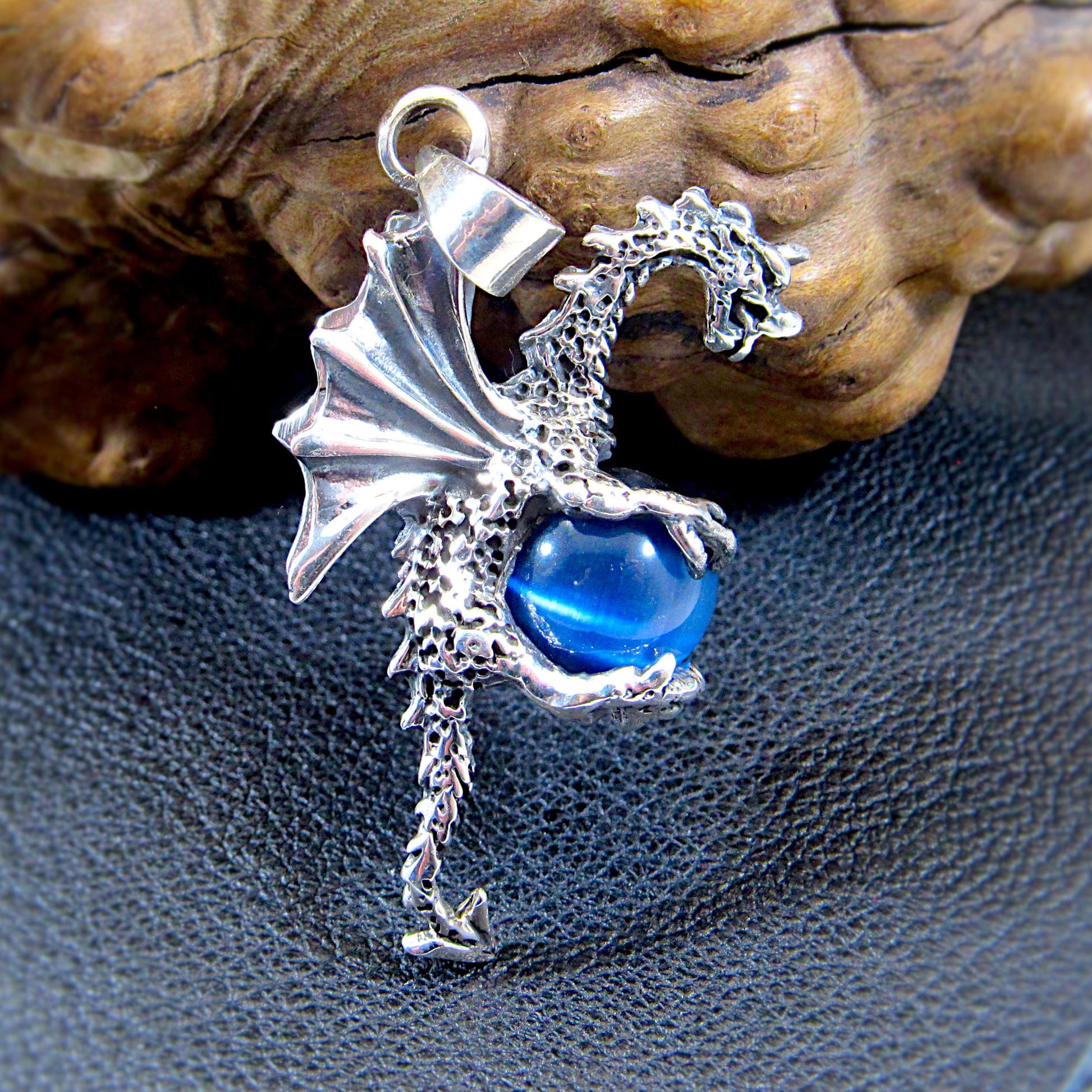 Solid 925 Sterling Silver Large 3D Dragon Pendant, Bright Blue Cat's Eye Quartz Gemstone Sphere, Handcrafted Fantasy and Fairytale Jewelry