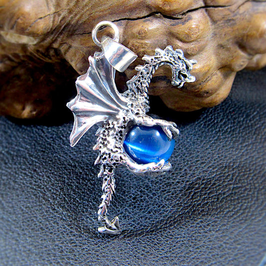 Solid 925 Sterling Silver Large 3D Dragon Pendant, Bright Blue Cat's Eye Quartz Gemstone Sphere, Handcrafted Fantasy and Fairytale Jewelry