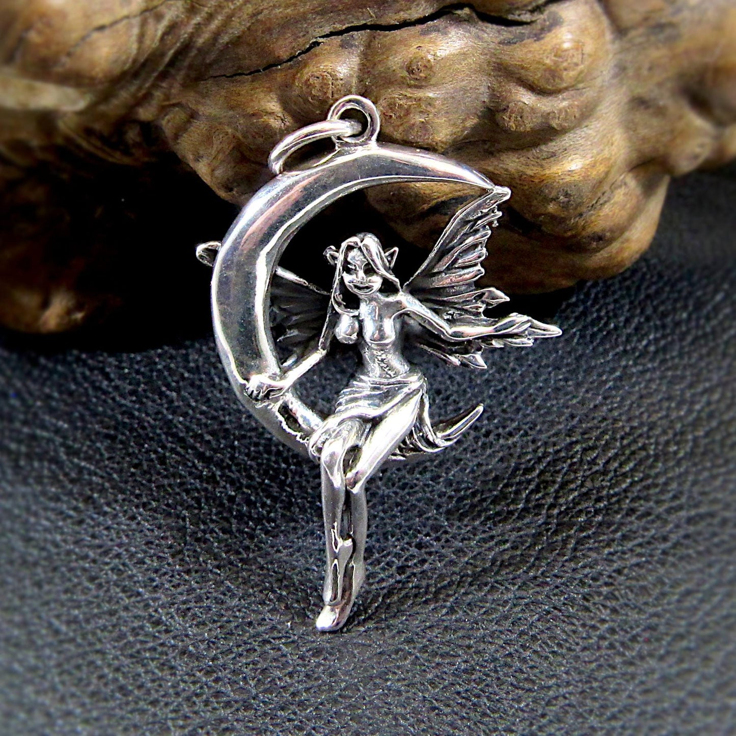 Solid 925 Sterling Silver Fairy on Crescent Moon Pendant, Magical Celestial Amulet, Whimsical Enchanting Moonlit Faerie Jewelry