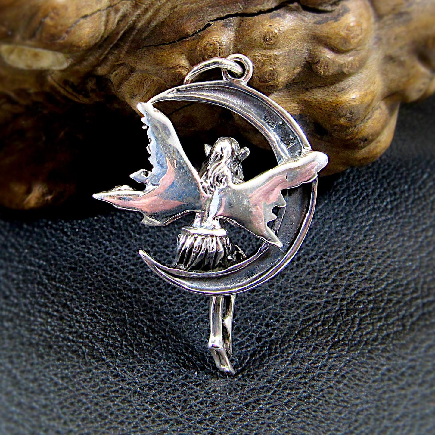Solid 925 Sterling Silver Fairy on Crescent Moon Pendant, Magical Celestial Amulet, Whimsical Enchanting Moonlit Faerie Jewelry