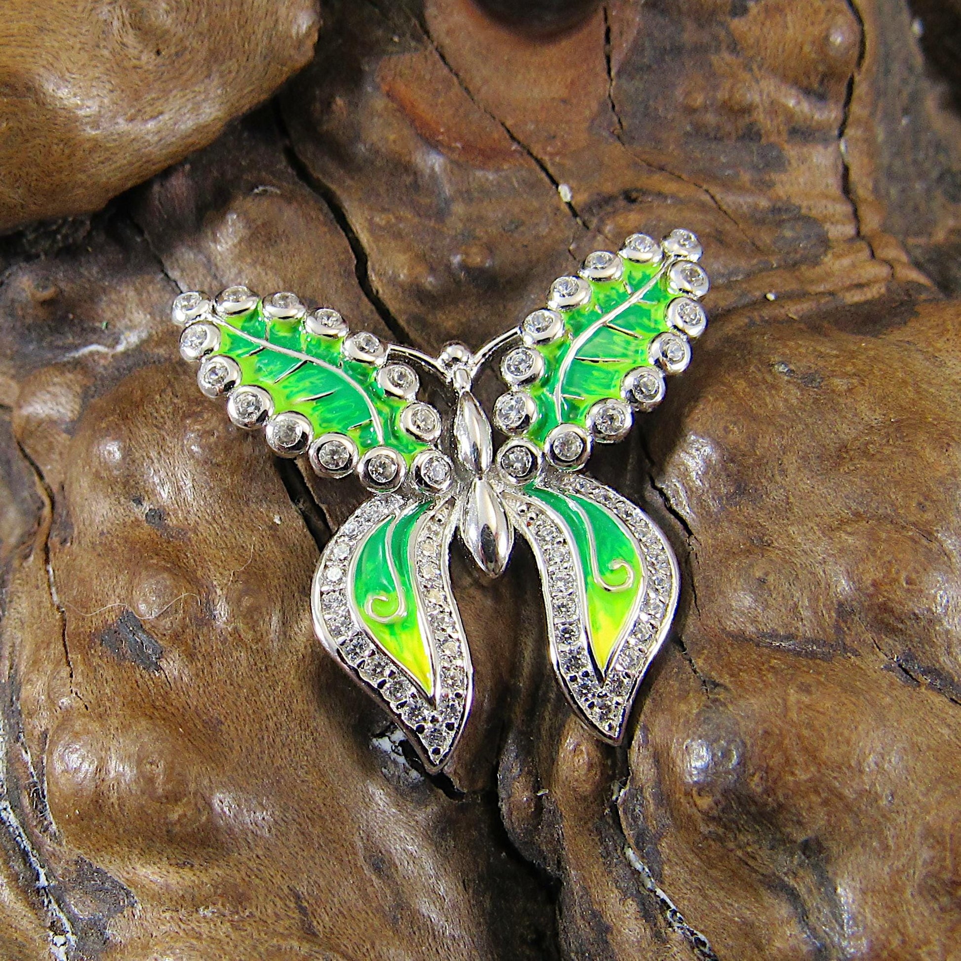 Solid 925 Sterling Silver and Green Enamel Butterfly Pendant - Green & Clear CZ Accents - Nature Inspired Insect Jewelry - Gift for Her