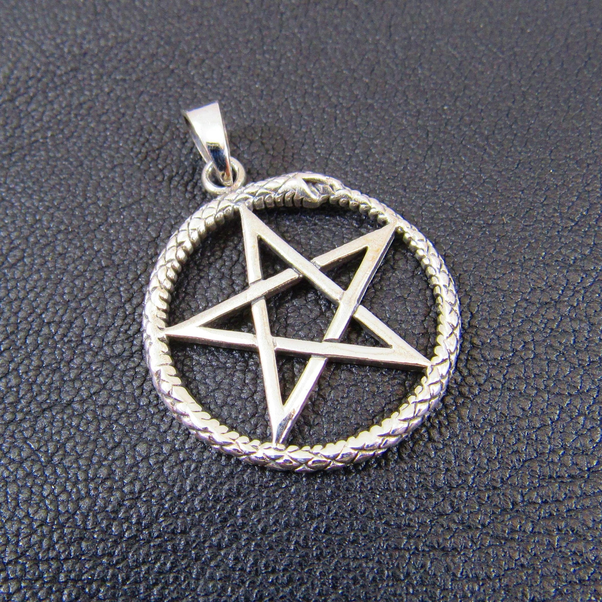 Solid 925 Sterling Silver Ouroboros Pentagram Pendant – Wiccan Protection Amulet, Occult Pagan Jewelry, Witchcraft Symbol, Serpent Pentacle