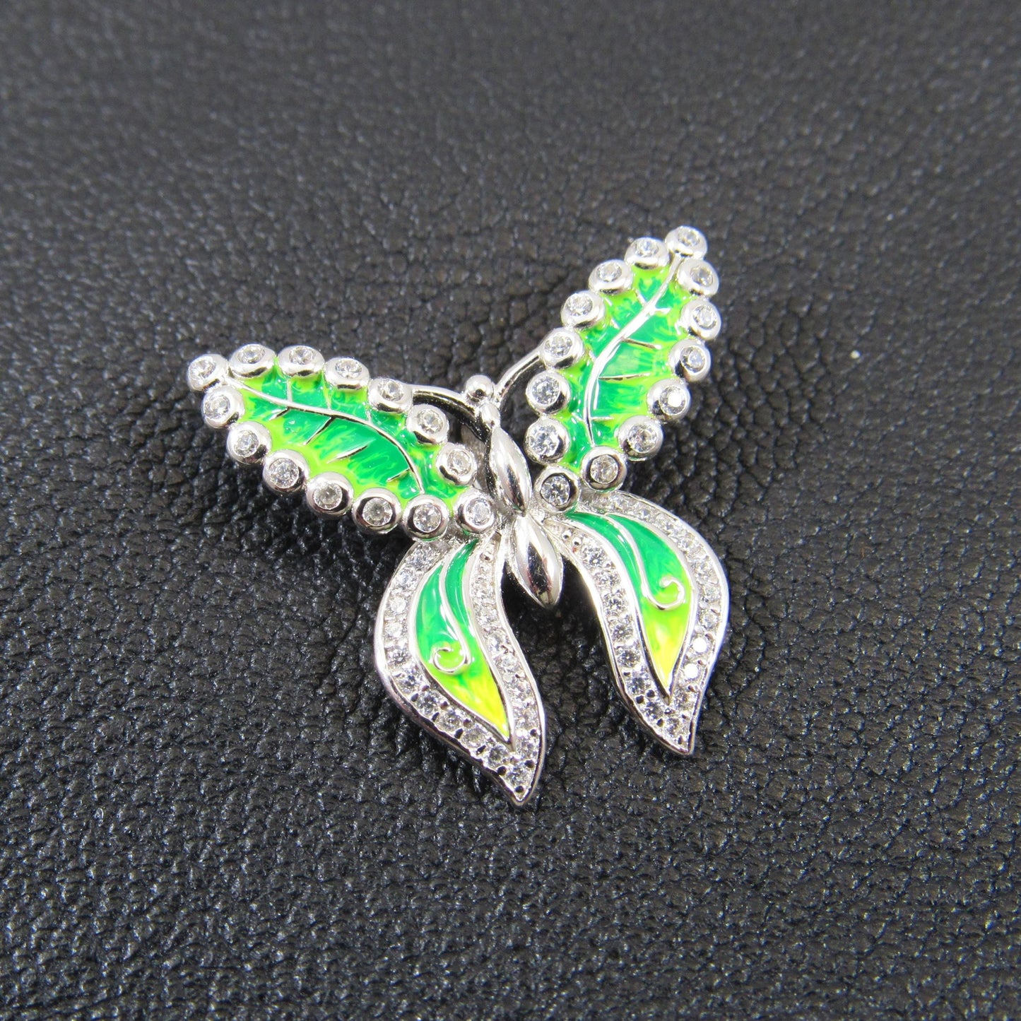 Solid 925 Sterling Silver and Green Enamel Butterfly Pendant - Green & Clear CZ Accents - Nature Inspired Insect Jewelry - Gift for Her