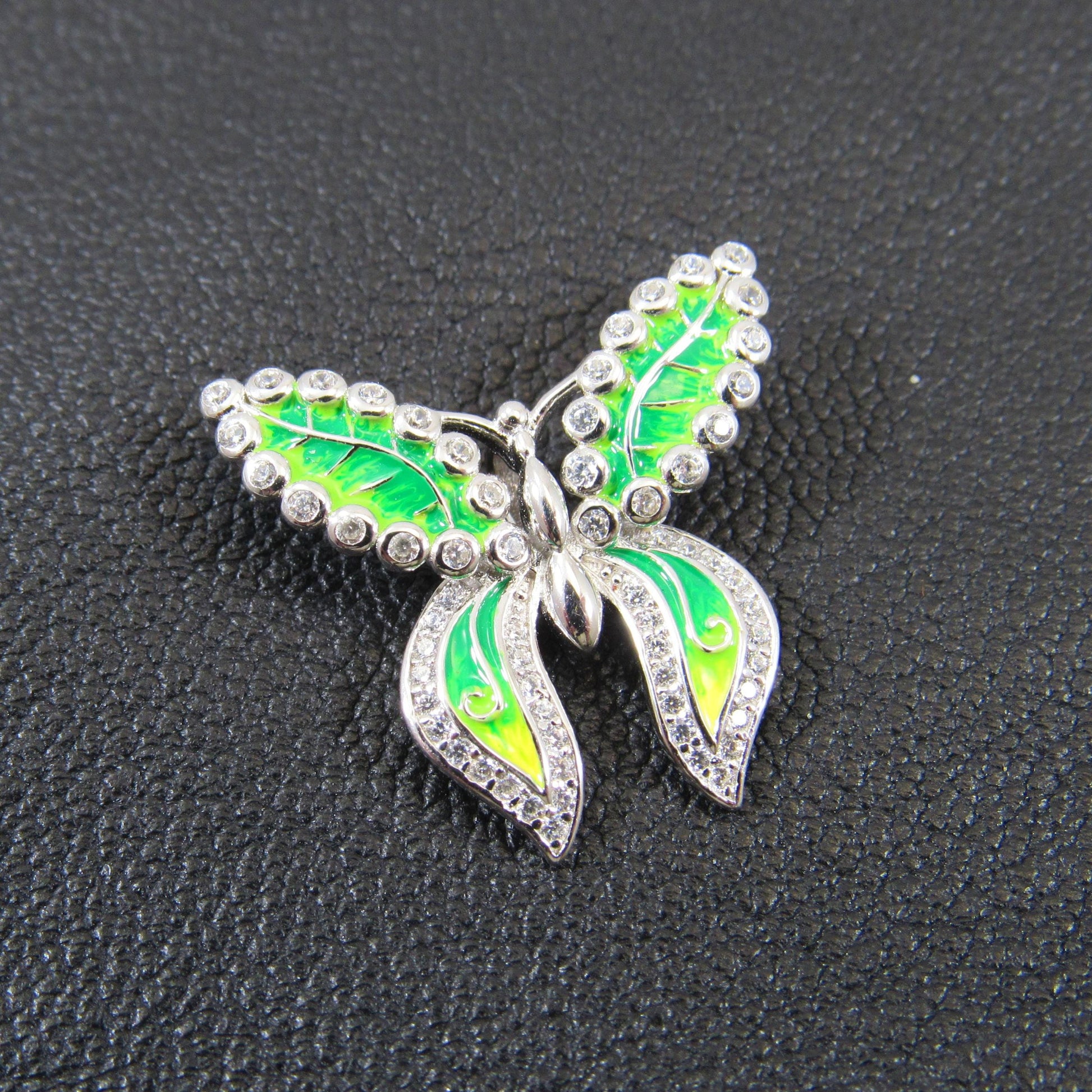 Solid 925 Sterling Silver and Green Enamel Butterfly Pendant - Green & Clear CZ Accents - Nature Inspired Insect Jewelry - Gift for Her