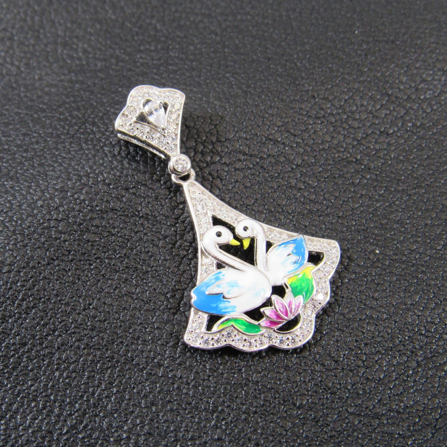 Solid 925 Sterling Silver Swan Pendant, Blue & White Enamel Swans and Flower Scene, Handcrafted Art Deco Charm, Vintage Style Summer Jewelry