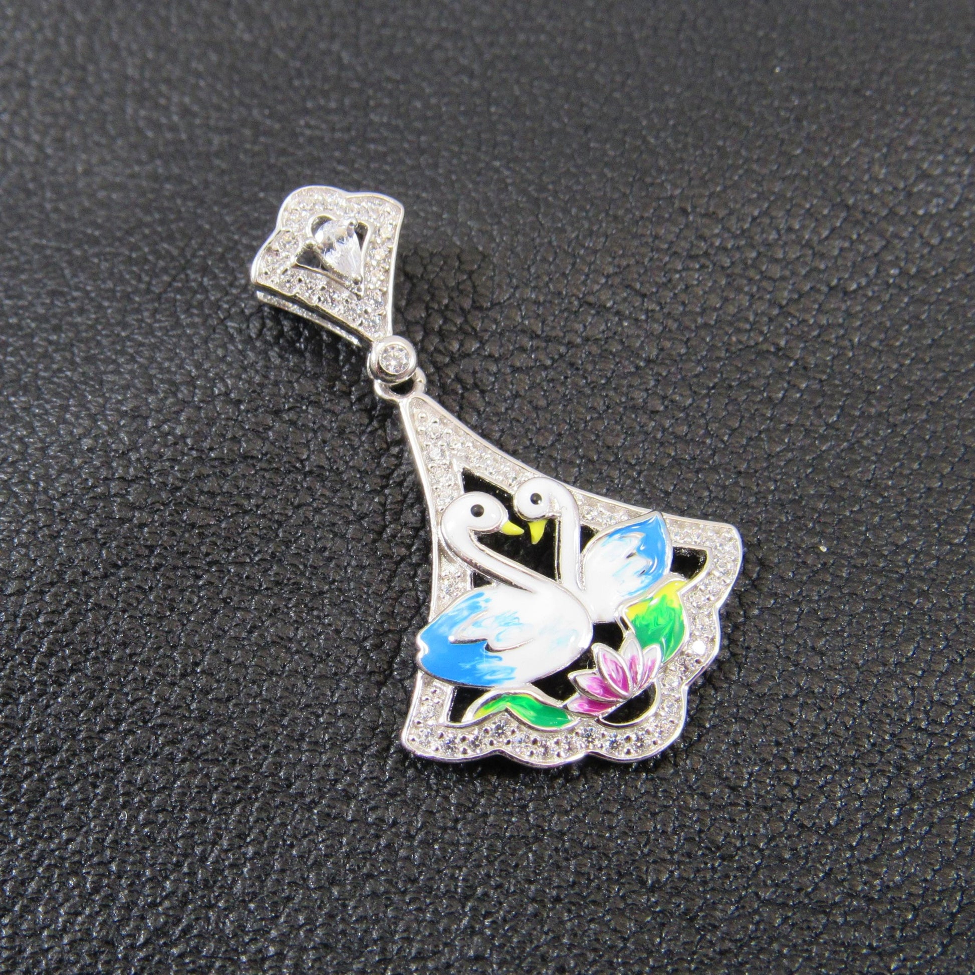 Solid 925 Sterling Silver Swan Pendant, Blue & White Enamel Swans and Flower Scene, Handcrafted Art Deco Charm, Vintage Style Summer Jewelry