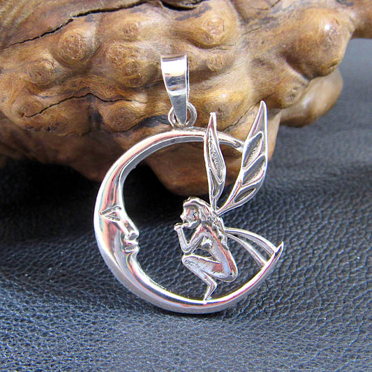 Solid 925 Sterling Silver Fairy Moon Pendant – Crescent Moon Necklace Charm, Fantasy Jewelry, Mystical Fairy Charm, Fairycore Amulet