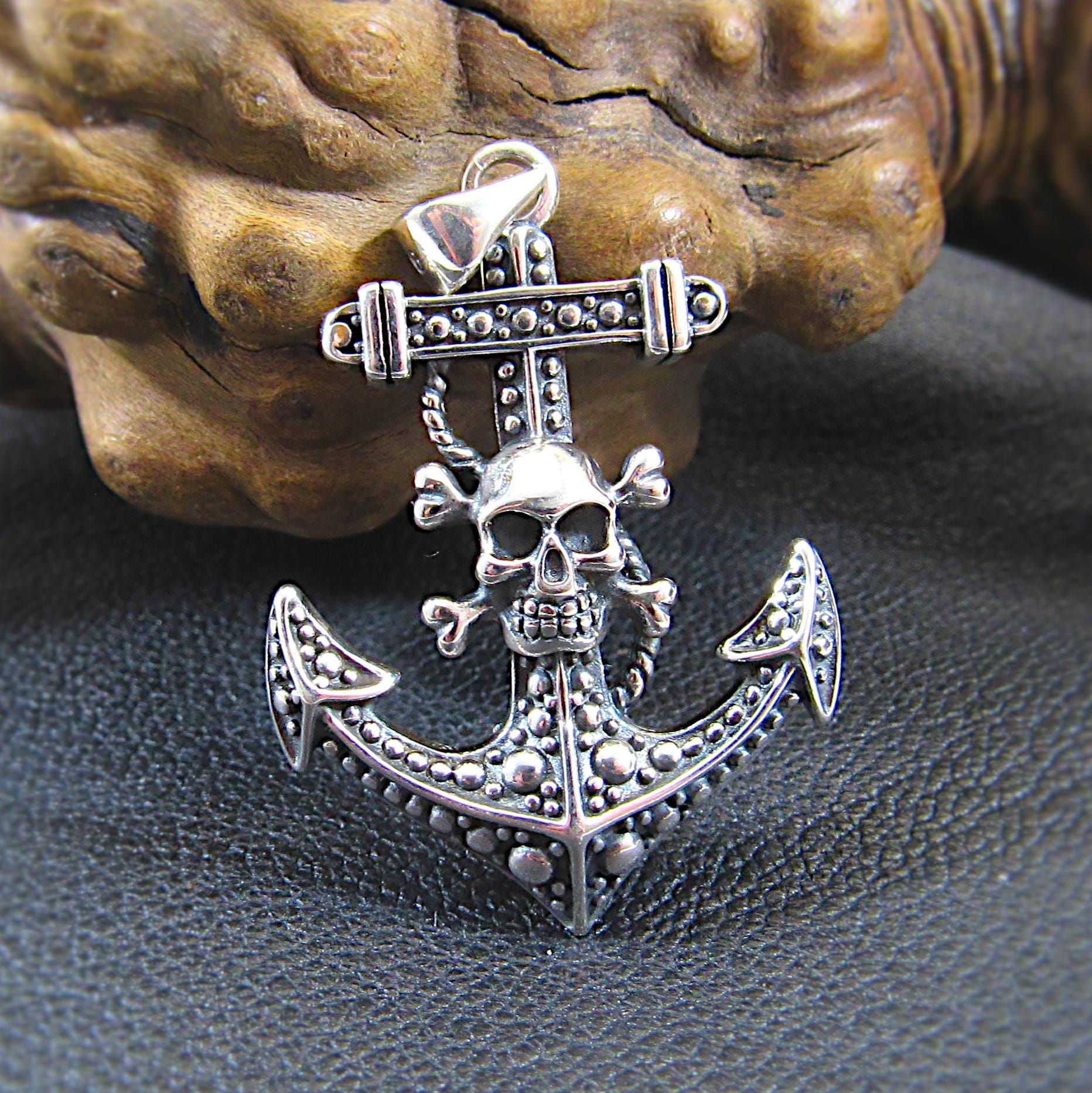 Solid 925 Sterling Silver Anchor & Skull Pendant, Skeleton and Crossbones on Ship's Anchor Charm, Nautical Boat Jewelry, Gothic Gift Idea
