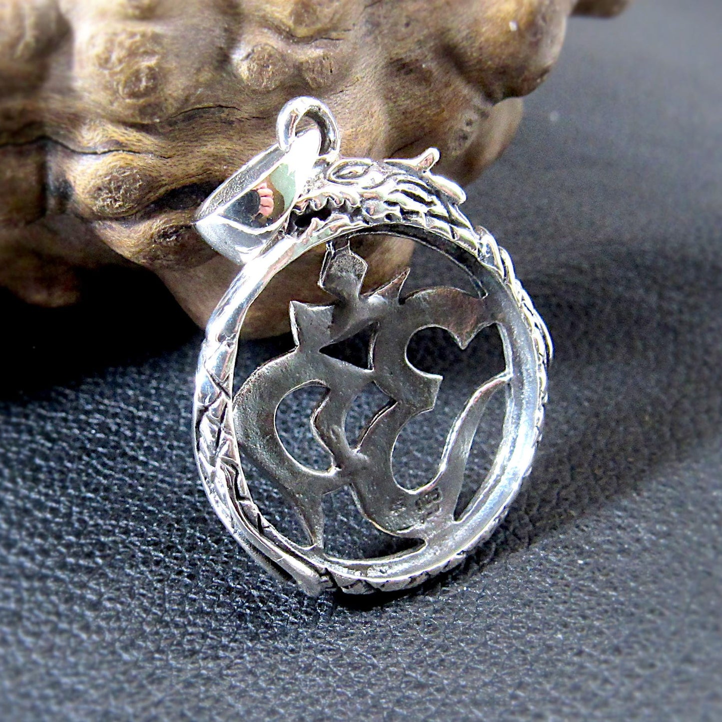 Solid 925 Sterling Silver Om Dragon Pendant - Spiritual Yoga Jewelry - Symbolic Hindu Necklace Charm - Ouroboros Style Power Amulet