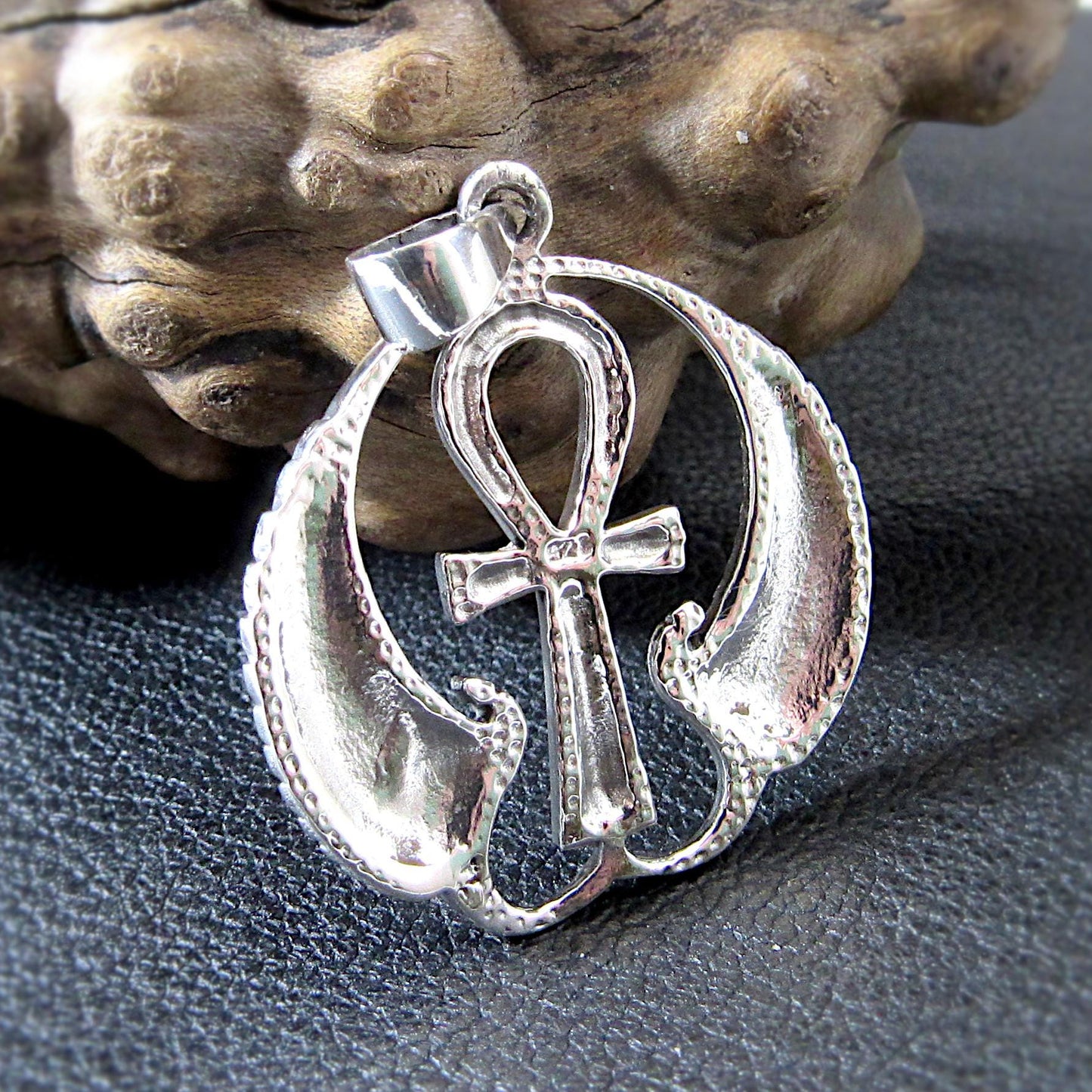 Solid 925 Sterling Silver Ankh Pendant with Isis Wings – Egyptian Necklace Amulet, Symbol of Eternal Life, Divine Power & Goddess Protection