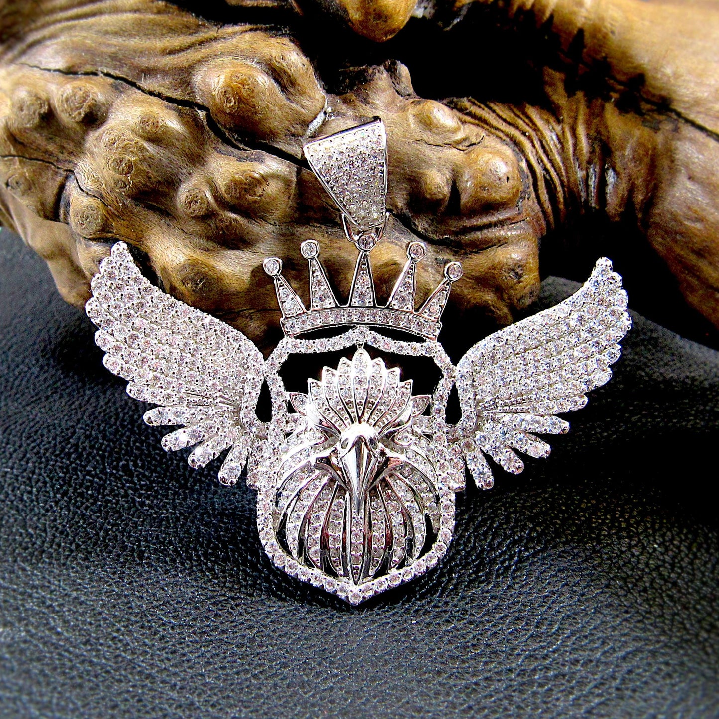 Men's Solid 925 Sterling Silver Crowned Eagle Pendant, Rhodium Plated Hip Hop Jewelry, Iced Out White Clear CZs, Edgy Urban Patriot Jewelry