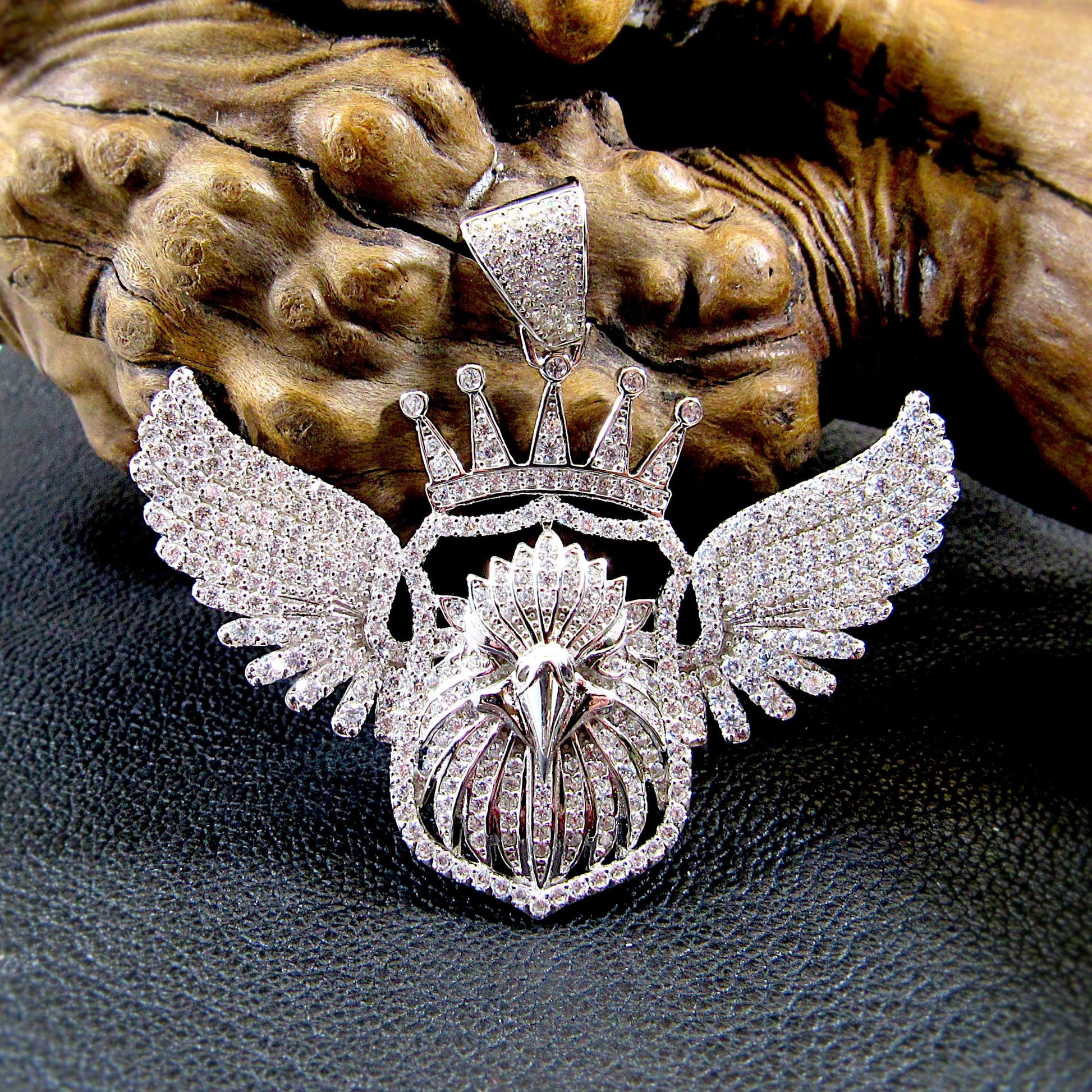 Men's Solid 925 Sterling Silver Crowned Eagle Pendant, Rhodium Plated Hip Hop Jewelry, Iced Out White Clear CZs, Edgy Urban Patriot Jewelry