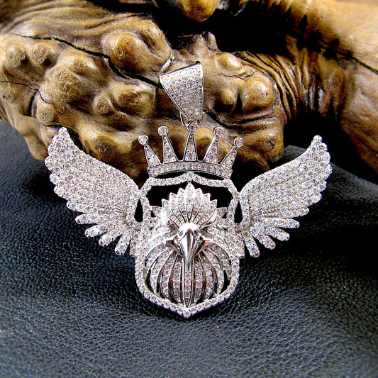 Men's Solid 925 Sterling Silver Crowned Eagle Pendant, Rhodium Plated Hip Hop Jewelry, Iced Out White Clear CZs, Edgy Urban Patriot Jewelry