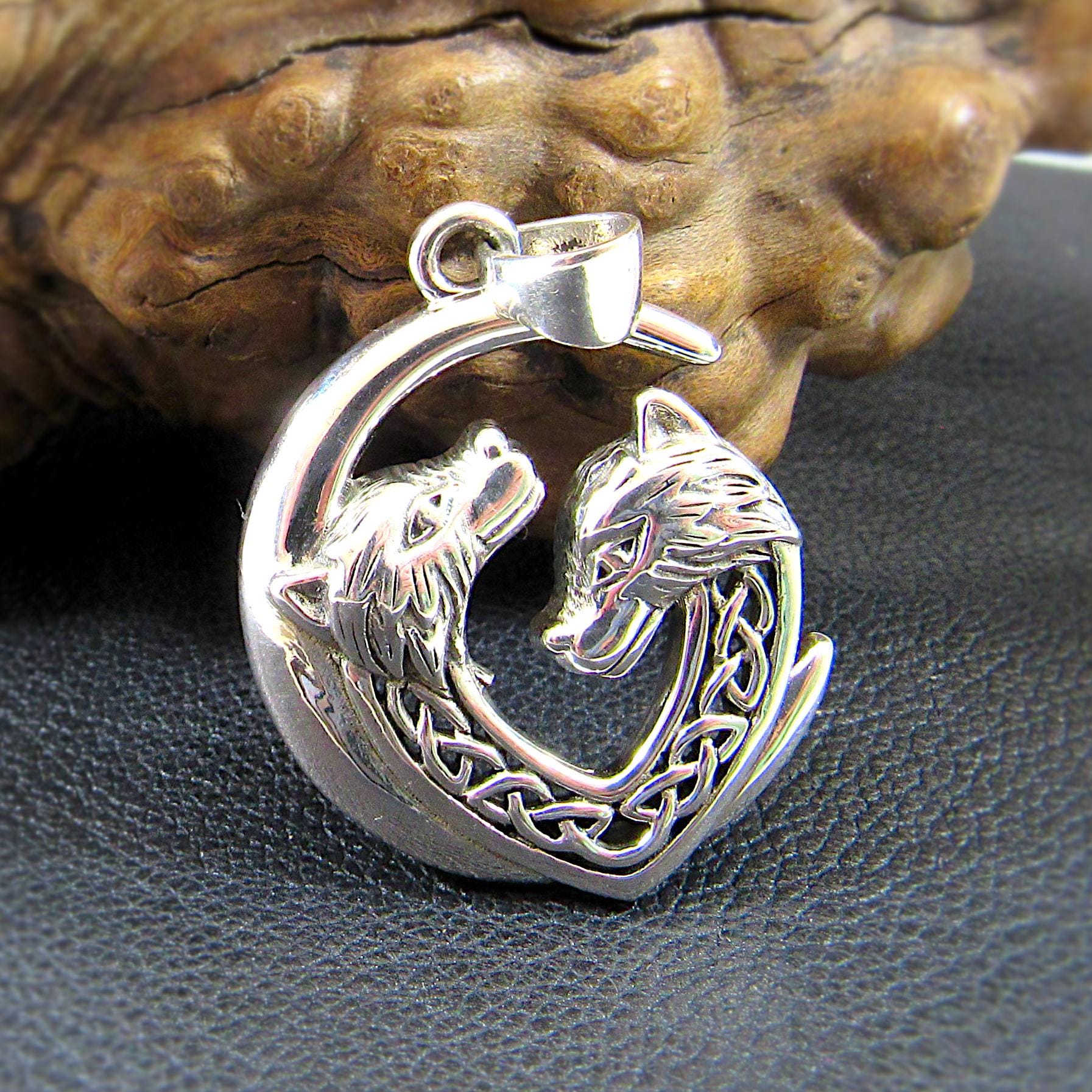 Solid 925 Sterling Silver Wolf Moon Celtic Knot Pendant, Handcrafted Jewelry With Two Wolves Under Crescent Moon, Unique Mystical Amulet