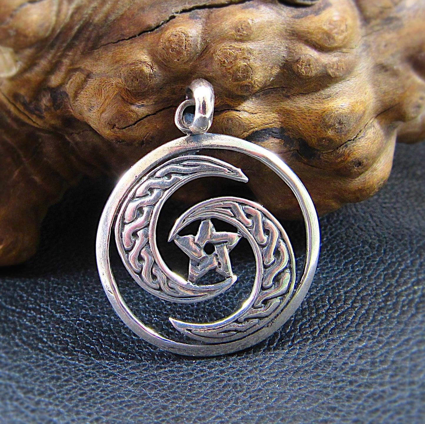 Solid 925 Sterling Silver Celtic Goddess Crescent Moon Pentagram Pendant, Wiccan Pagan Amulet, Protection Jewelry, Yin Yang Charm
