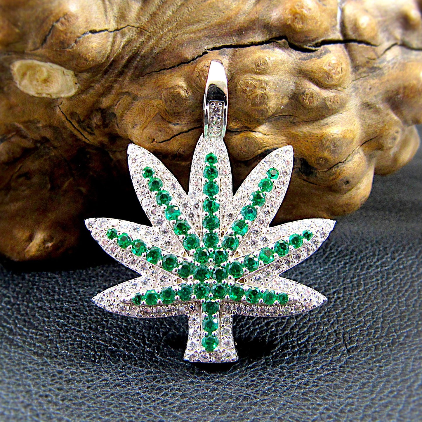 Men's Solid 925 Sterling Silver Cannibus Leaf Pendant, Rhodium Plated Iced Out Marijuana Plant, Hip Hop Jewelry with Green and Clear CZs