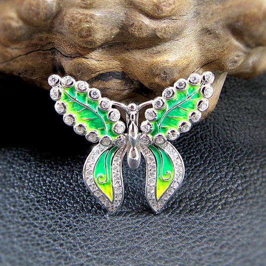 Solid 925 Sterling Silver and Green Enamel Butterfly Pendant - Green & Clear CZ Accents - Nature Inspired Insect Jewelry - Gift for Her