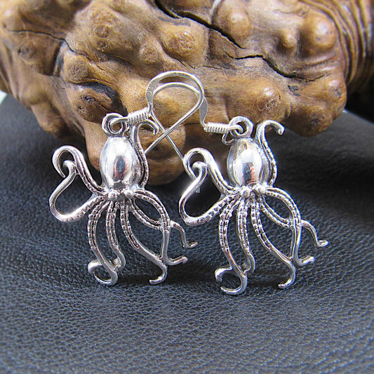 Solid 925 Sterling Silver Octopus Earrings – Nautical Ocean Jewelry, Beach Lover Gift, Boho Sea Life Drop / Hook / Dangle Earrings for Women
