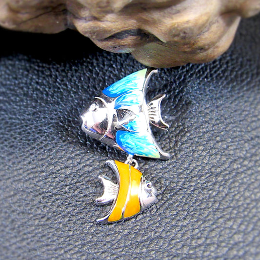 Solid 925 Sterling Silver & Enamel Fish Pendant, Blue and Orange Fishes Slide Charm, Handcrafted Women's Ornate Art Deco Jewelry for Her