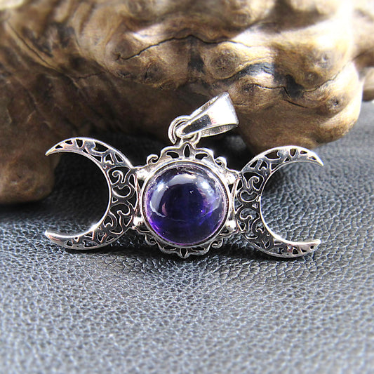 Solid 925 Sterling Silver Triple Moon Goddess Pendant - Handcrafted Wiccan & Pagan Jewelry – Celestial Symbols Amulet - Choice of Gemstone