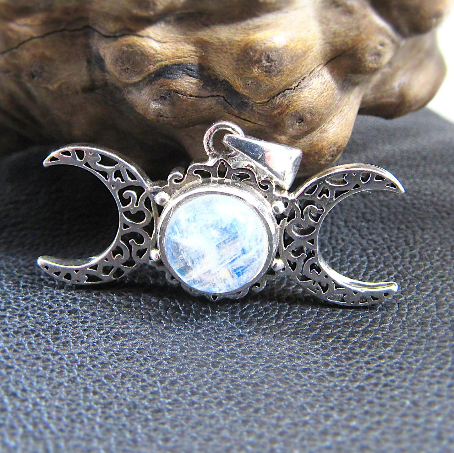 Solid 925 Sterling Silver Triple Moon Goddess Pendant - Handcrafted Wiccan & Pagan Jewelry – Celestial Symbols Amulet - Choice of Gemstone