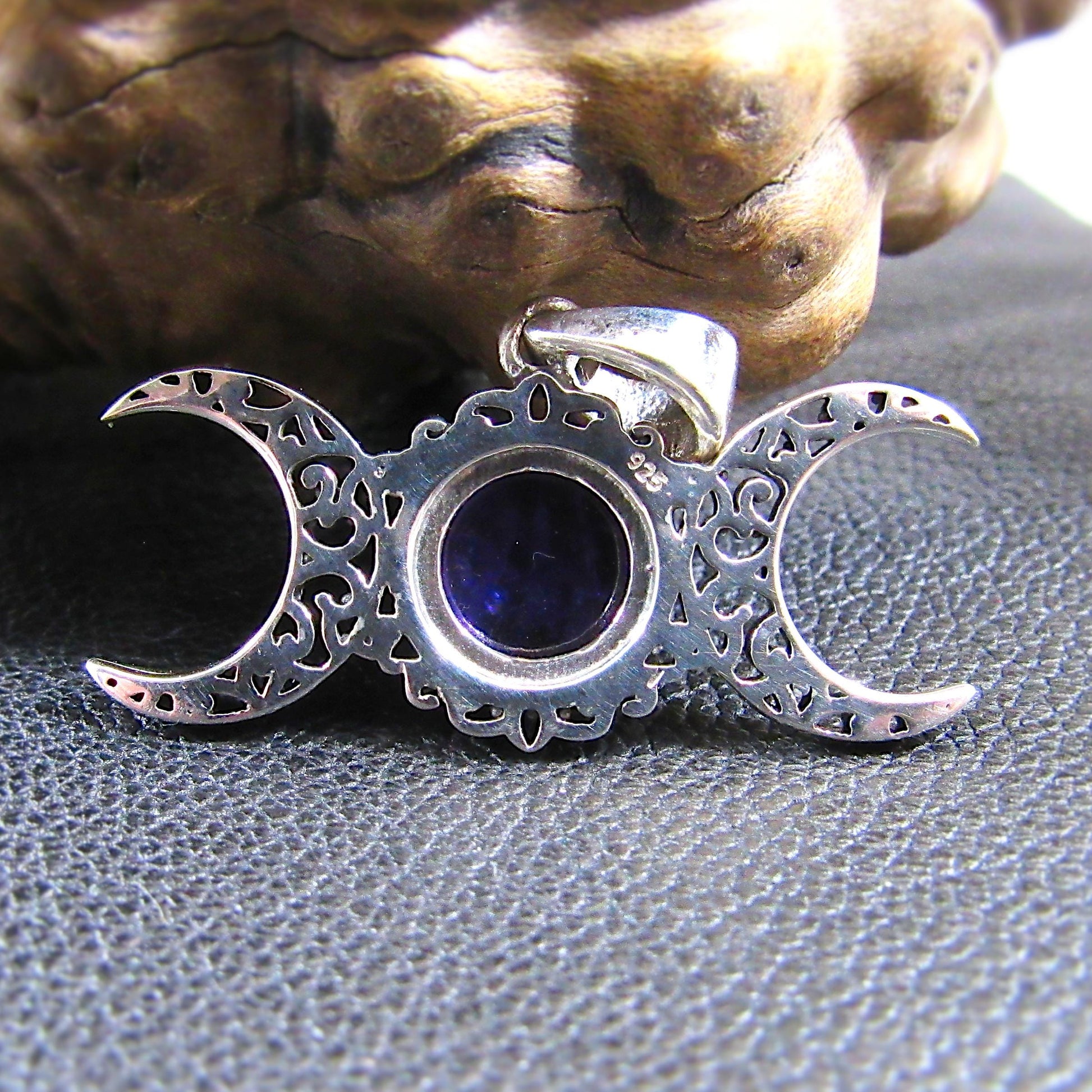 Solid 925 Sterling Silver Triple Moon Goddess Pendant - Handcrafted Wiccan & Pagan Jewelry – Celestial Symbols Amulet - Choice of Gemstone