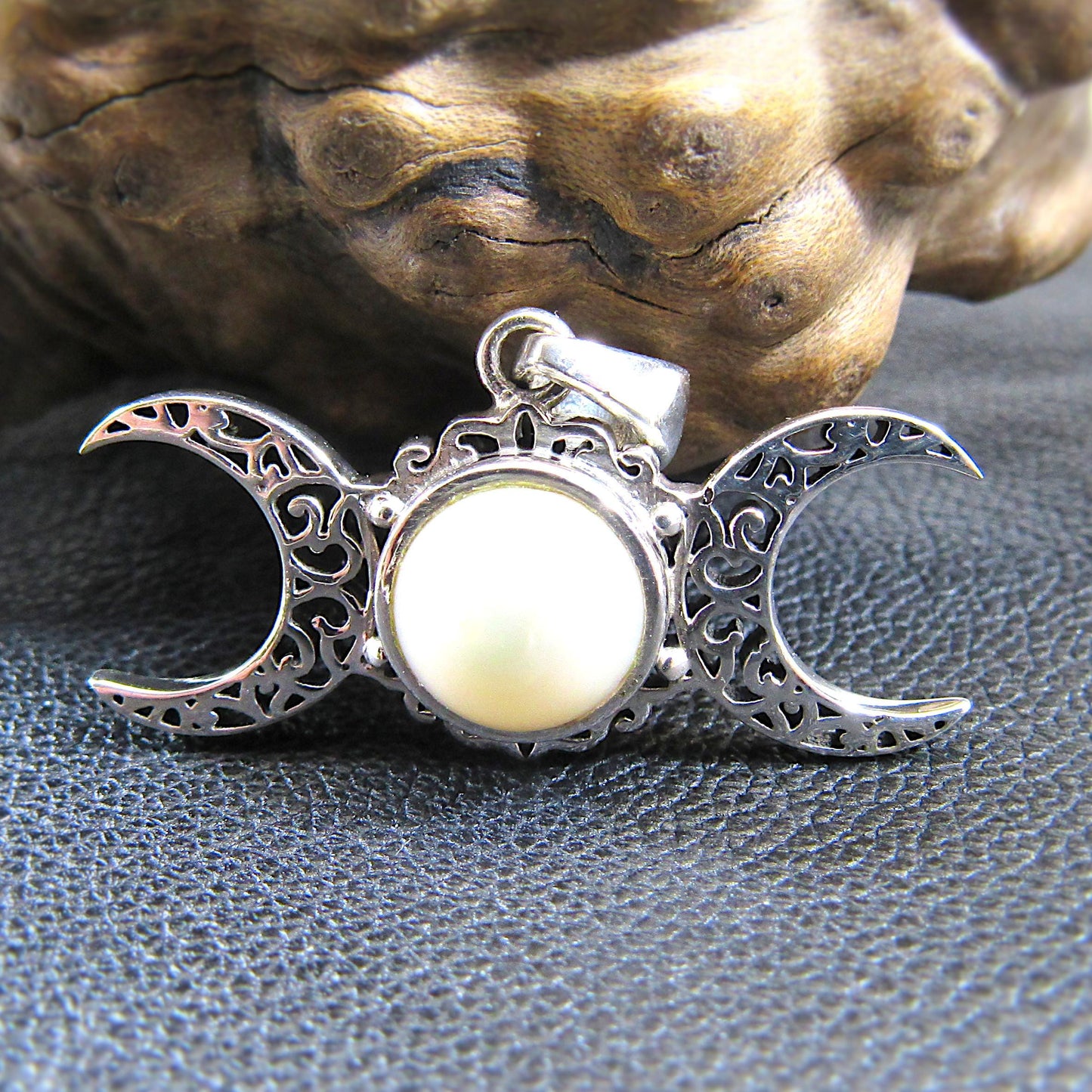 Solid 925 Sterling Silver Triple Moon Goddess Pendant - Handcrafted Wiccan & Pagan Jewelry – Celestial Symbols Amulet - Choice of Gemstone