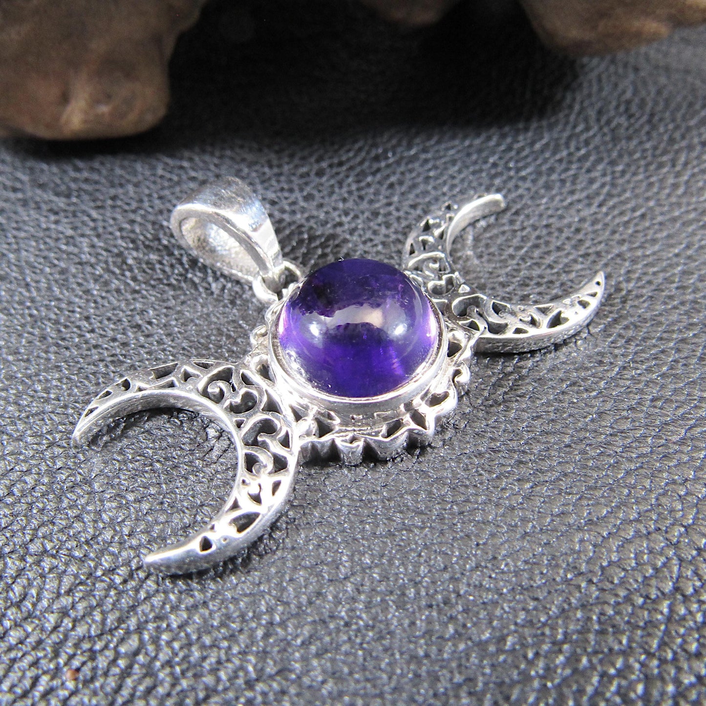 Solid 925 Sterling Silver Triple Moon Goddess Pendant - Handcrafted Wiccan & Pagan Jewelry – Celestial Symbols Amulet - Choice of Gemstone