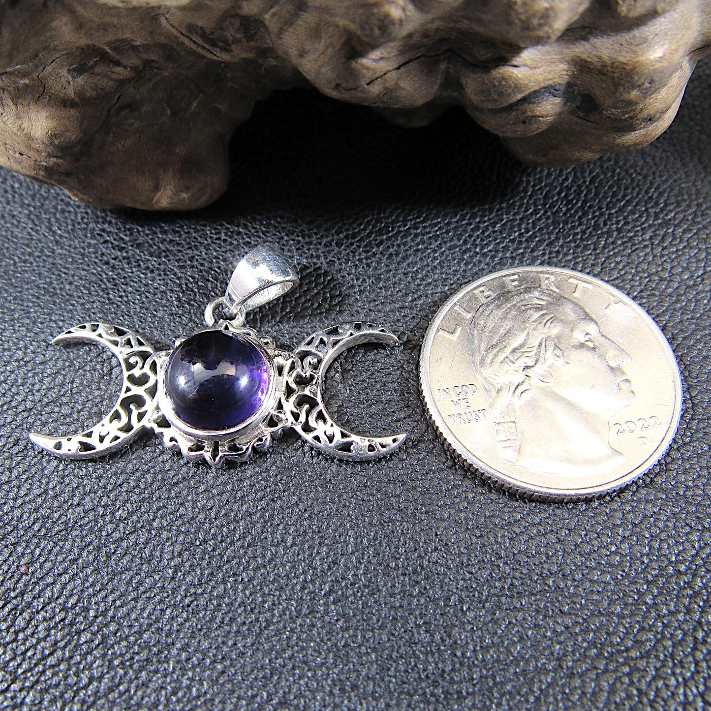 Solid 925 Sterling Silver Triple Moon Goddess Pendant - Handcrafted Wiccan & Pagan Jewelry – Celestial Symbols Amulet - Choice of Gemstone
