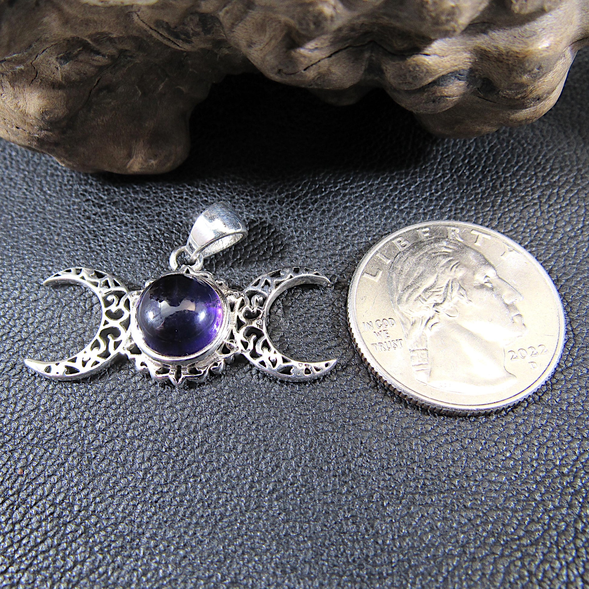 Solid 925 Sterling Silver Triple Moon Goddess Pendant - Handcrafted Wiccan & Pagan Jewelry – Celestial Symbols Amulet - Choice of Gemstone
