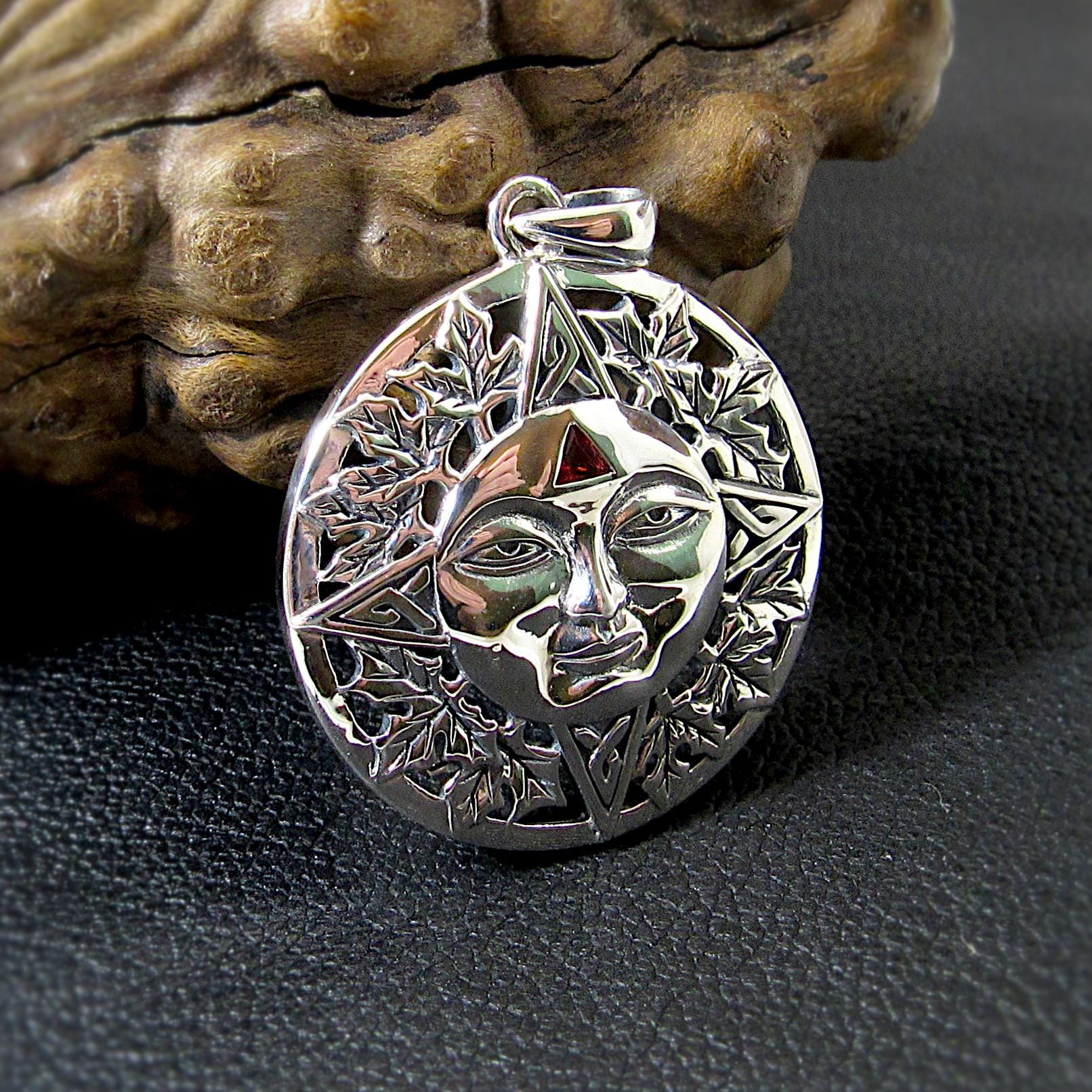 Solid 925 Sterling Silver Sun Face Pendant – Handcrafted Garnet Solar Talisman, Autumn Witchcore Jewelry, Boho Pagan Celestial Amulet
