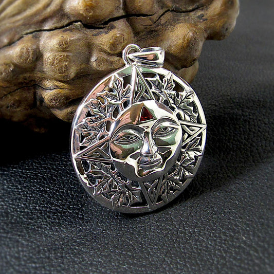 Solid 925 Sterling Silver Sun Face Pendant – Handcrafted Garnet Solar Talisman, Autumn Witchcore Jewelry, Boho Pagan Celestial Amulet