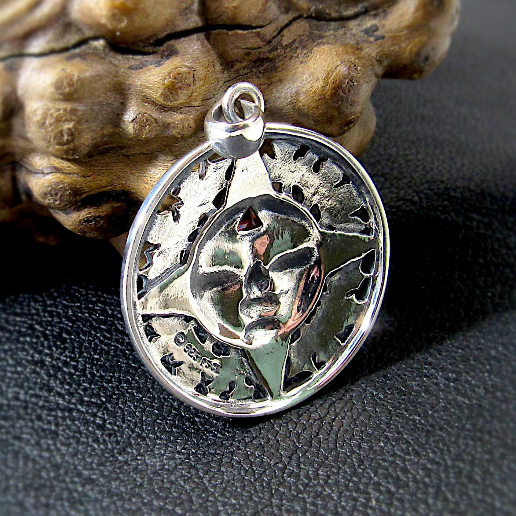 Solid 925 Sterling Silver Sun Face Pendant – Handcrafted Garnet Solar Talisman, Autumn Witchcore Jewelry, Boho Pagan Celestial Amulet