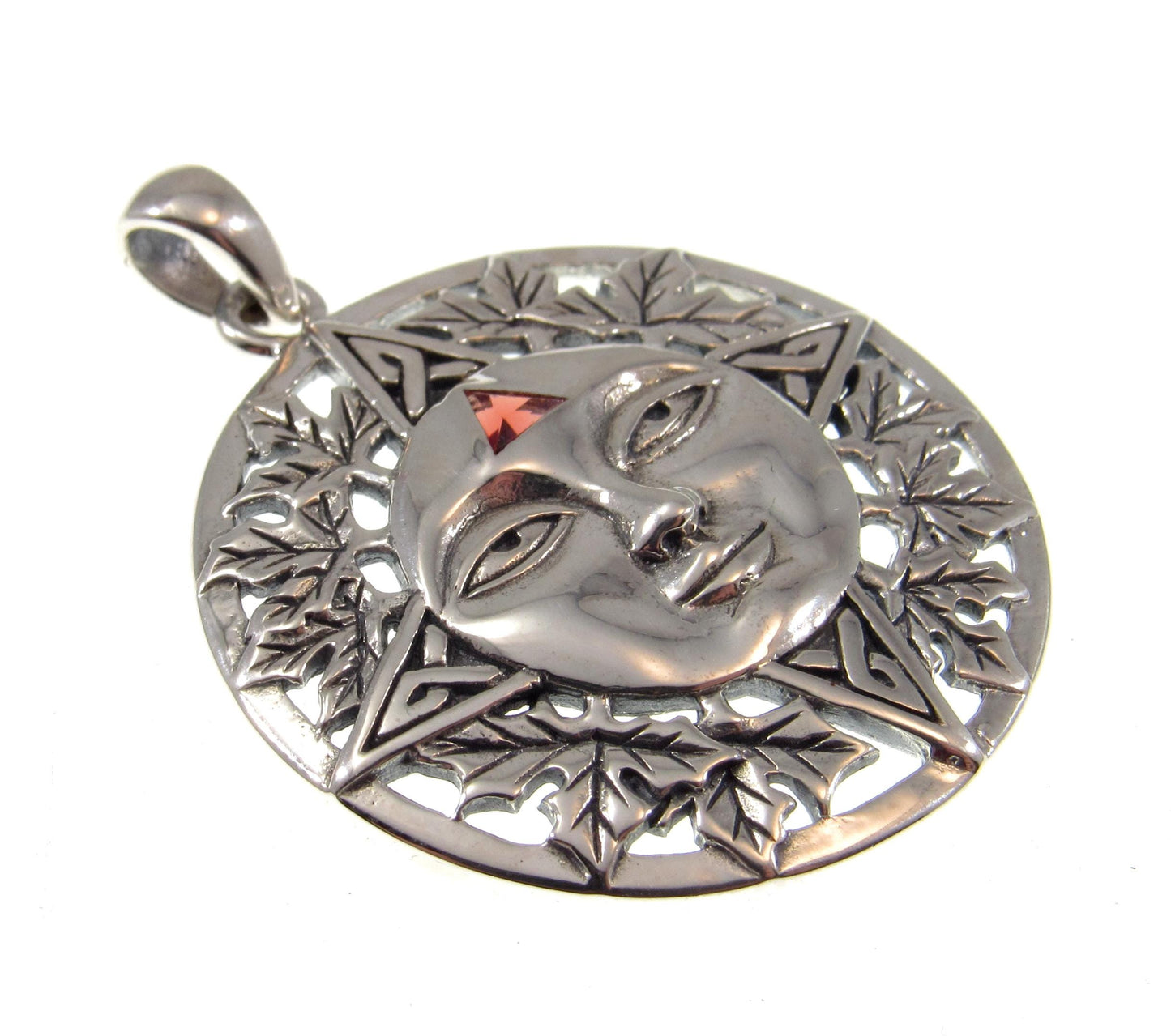 Solid 925 Sterling Silver Sun Face Pendant – Handcrafted Garnet Solar Talisman, Autumn Witchcore Jewelry, Boho Pagan Celestial Amulet