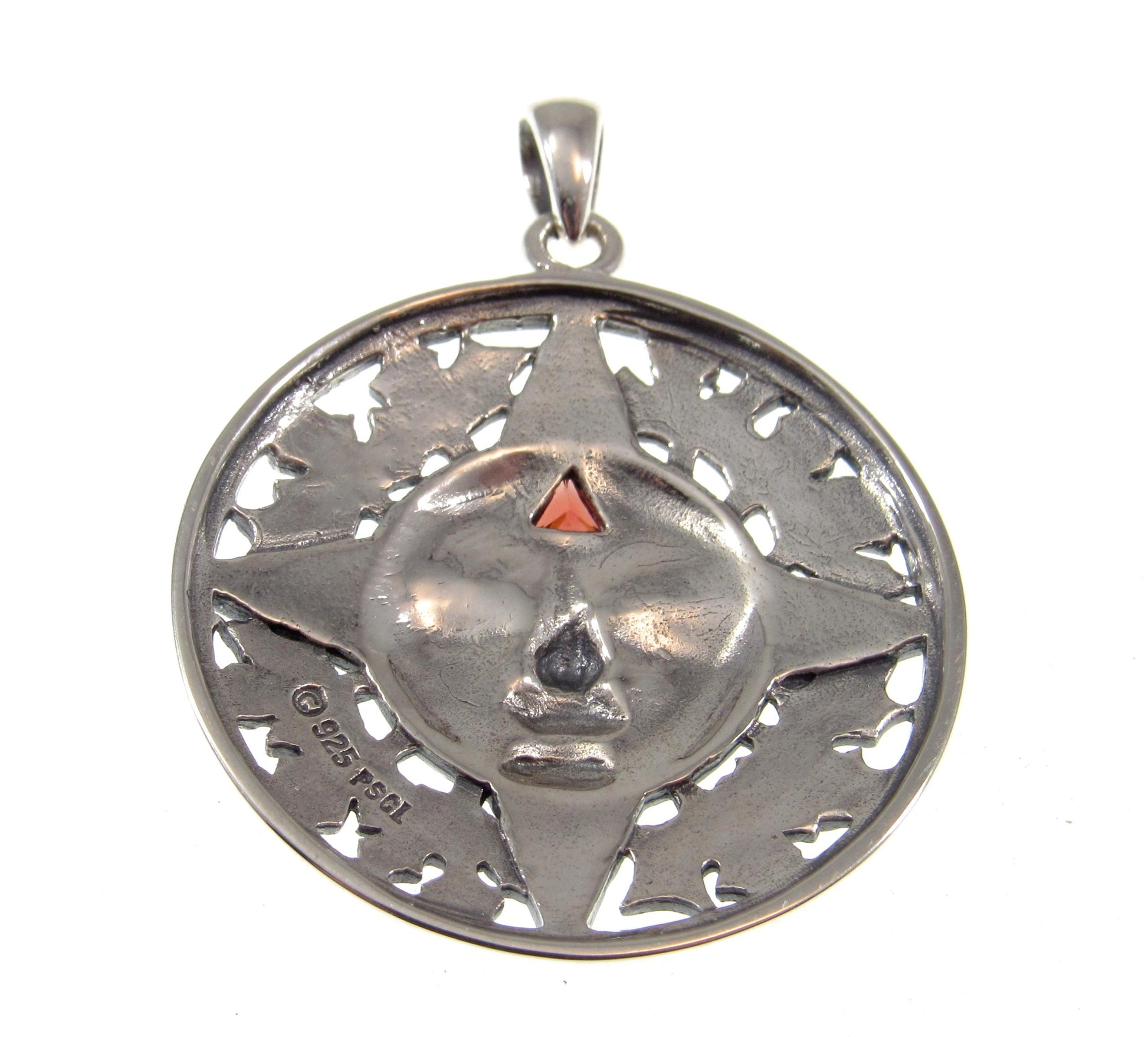 Solid 925 Sterling Silver Autumn Sun Face Pendant with Garnet, Celtic Leaf Solar Talisman