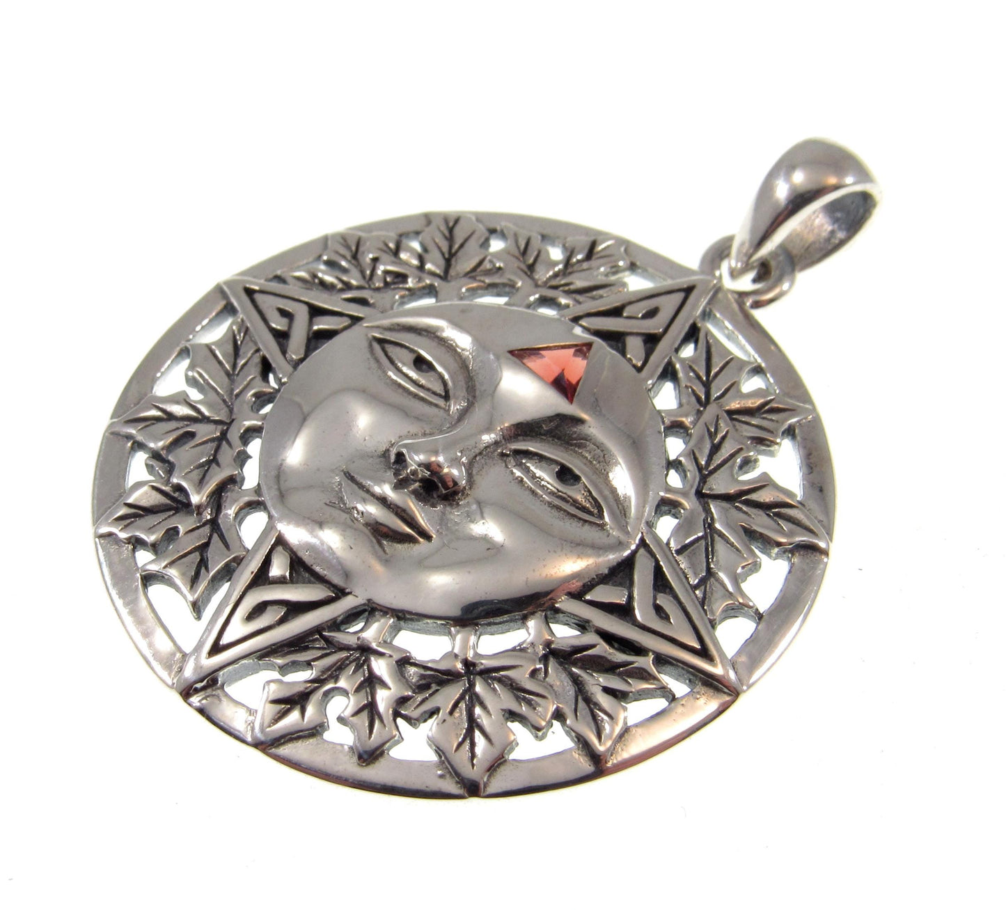 Solid 925 Sterling Silver Autumn Sun Face Pendant with Garnet, Celtic Leaf Solar Talisman