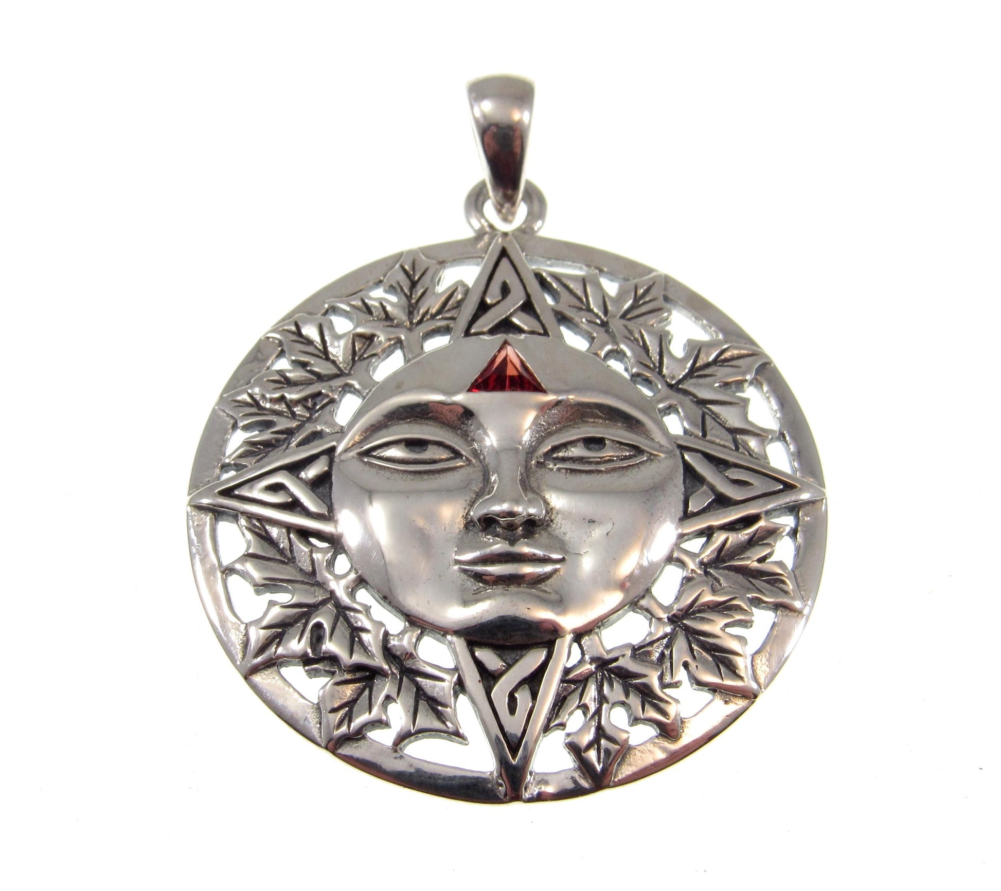 Solid 925 Sterling Silver Sun Face Pendant – Handcrafted Garnet Solar Talisman, Autumn Witchcore Jewelry, Boho Pagan Celestial Amulet