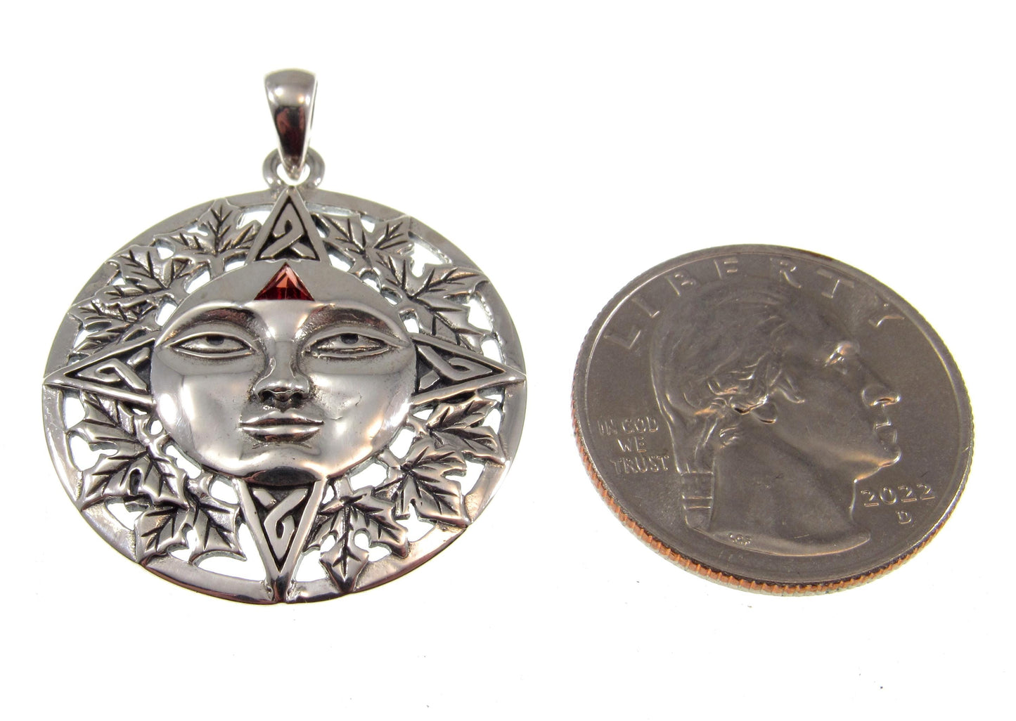 Solid 925 Sterling Silver Sun Face Pendant – Handcrafted Garnet Solar Talisman, Autumn Witchcore Jewelry, Boho Pagan Celestial Amulet