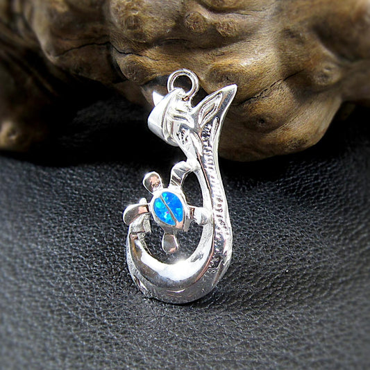 Solid 925 Sterling Silver Whale Tail Pendant with Blue or White Opal Turtle – Ocean Necklace Charm, Marine Life Jewelry, Beach Lover Gift
