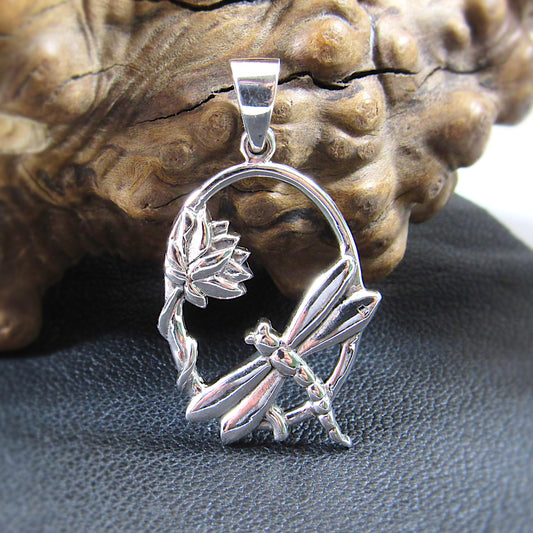 Solid 925 Sterling Silver Dragonfly Pendant – Handcrafted Lotus Flower Necklace Charm – Solid Silver Nature Jewelry for Women & Men