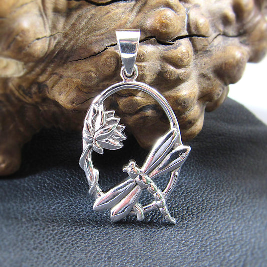 Solid 925 Sterling Silver Dragonfly Pendant – Handcrafted Lotus Flower Necklace Charm – Solid Silver Nature Jewelry for Women & Men