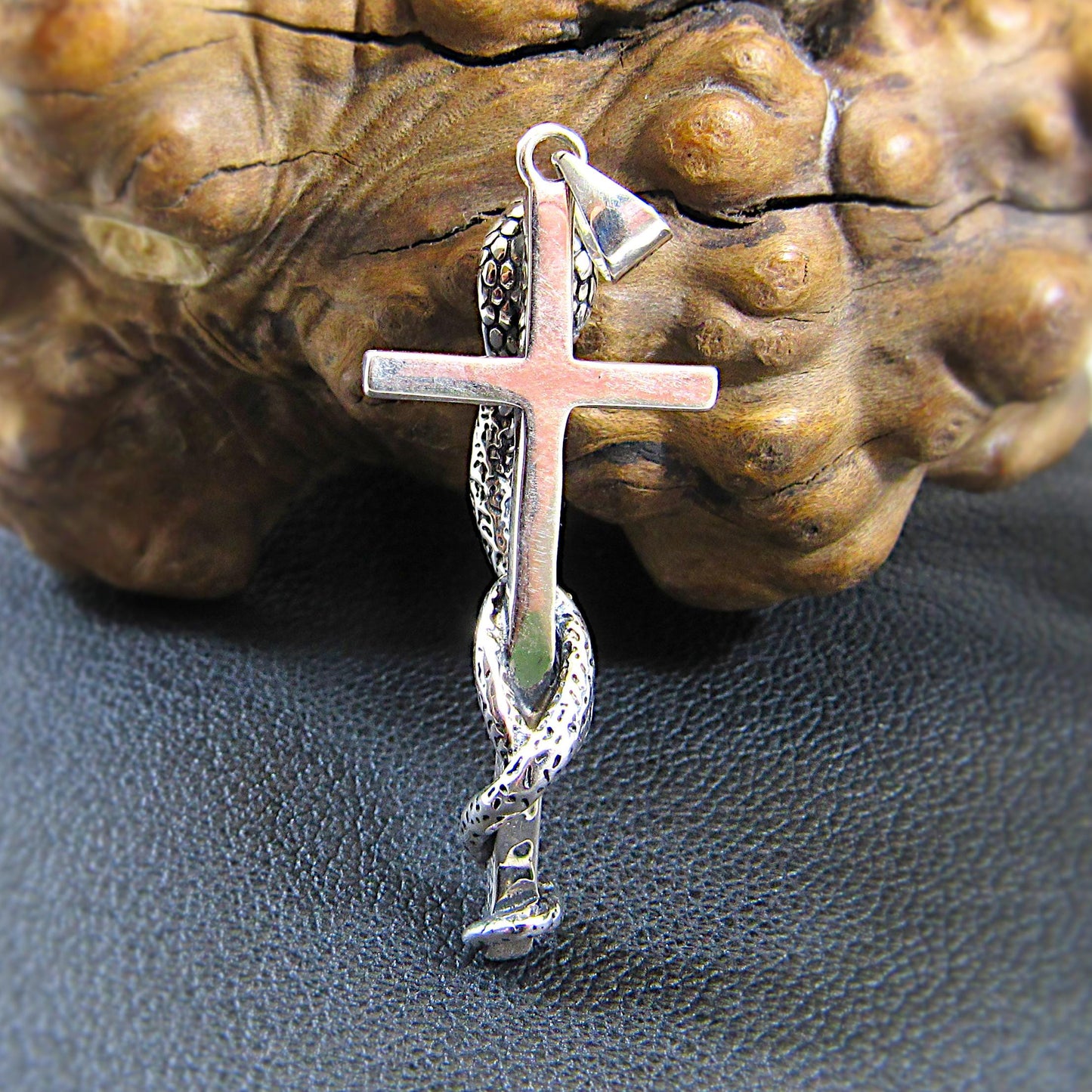 Solid 925 Sterling Silver Cobra Cross Pendant – Gothic Snake & Skull Necklace Pendant, Dark Symbolism Jewelry, Biker and Viking Amulet