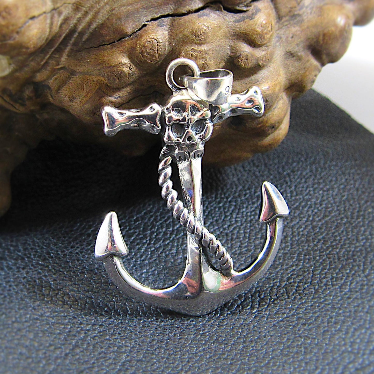 Solid 925 Sterling Silver Skull Anchor Pendant – Nautical Pirate Necklace Pendant, Viking Jewelry, Biker Pendant, Gothic Marine Symbol